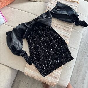PLL Black Sequin Dress with Puff Sleeves